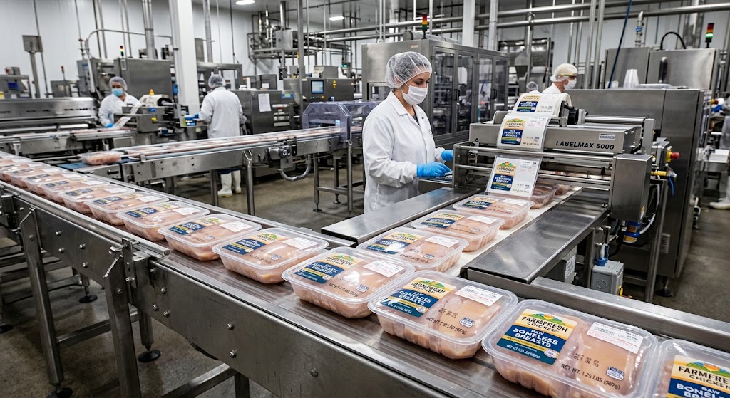 Workers packaging chicken on a food production line